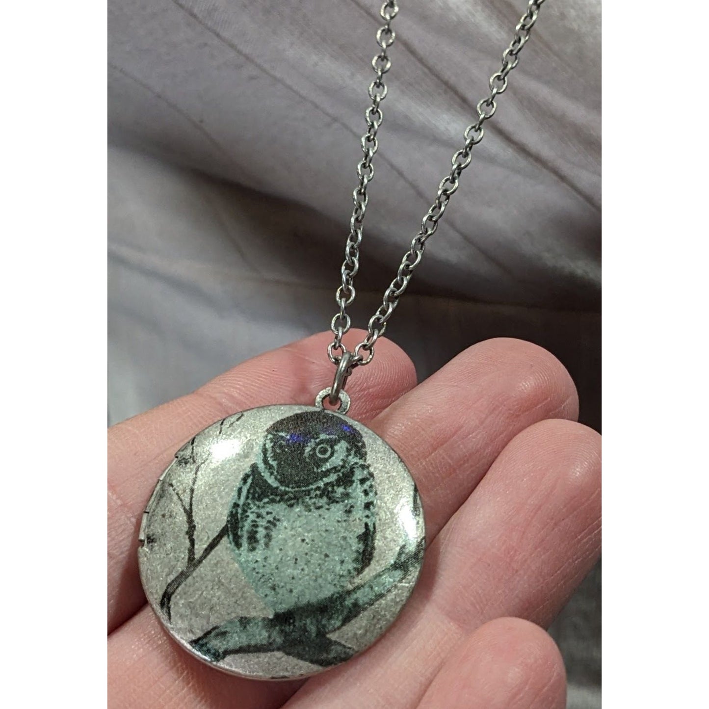 Nature Themed Owl Front Silver Tone Locket Necklace