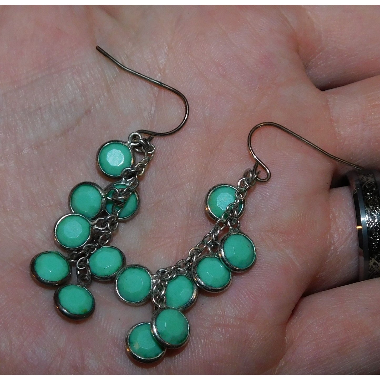 Turquoise Tone Dangle Earrings With Silver Tone Accents