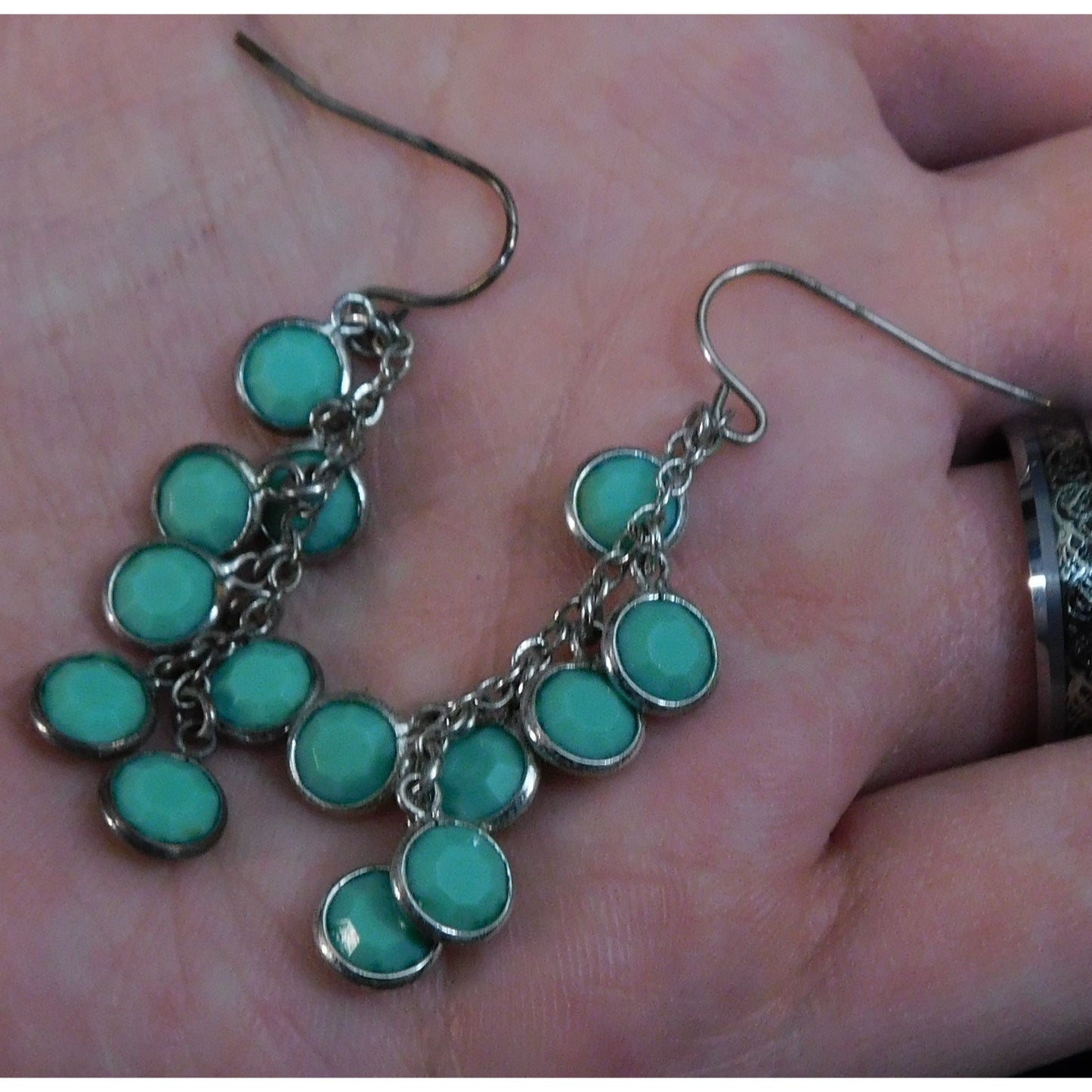 Turquoise Tone Dangle Earrings With Silver Tone Accents