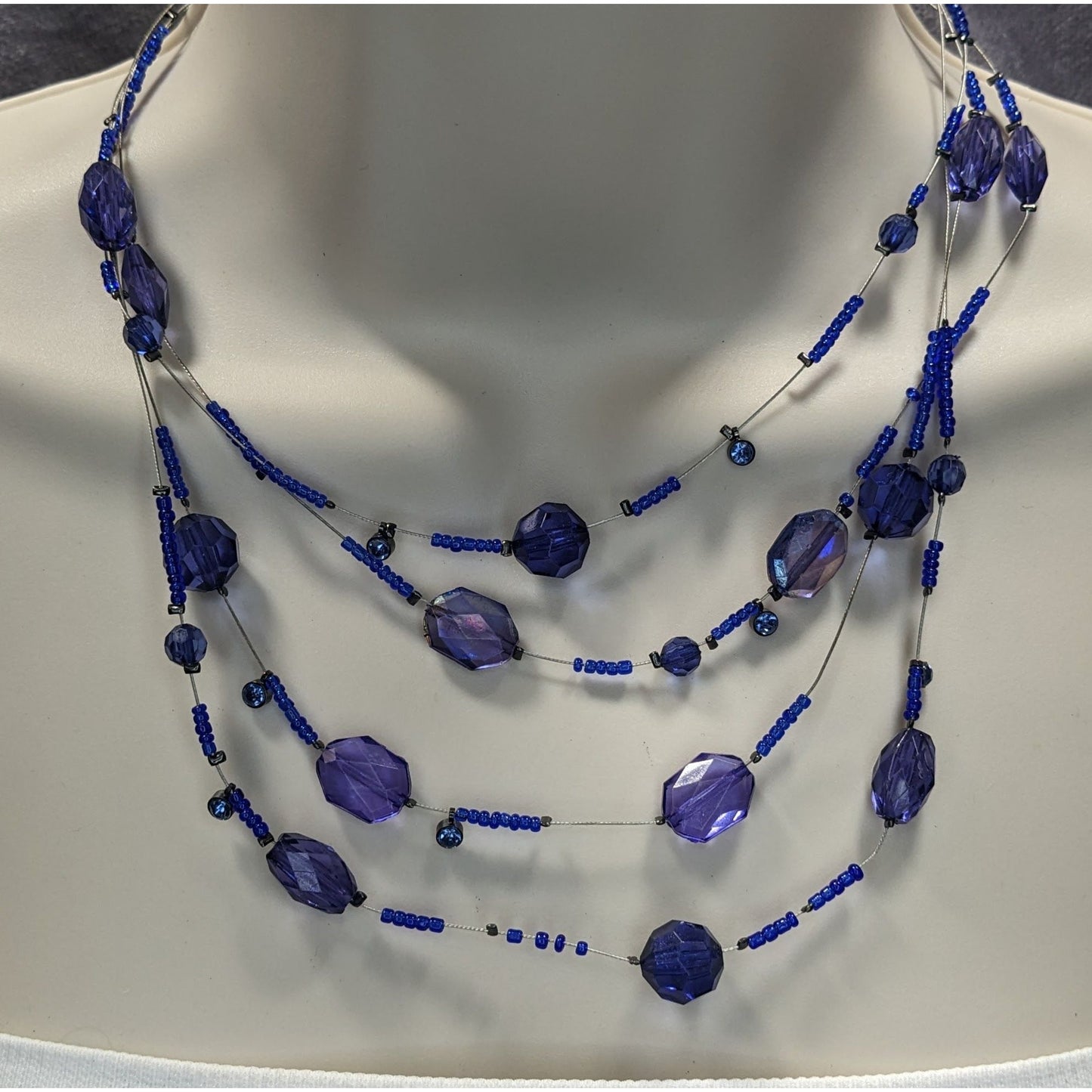 Blue Multi-Strand Beaded Necklace With Faceted Glass Beads