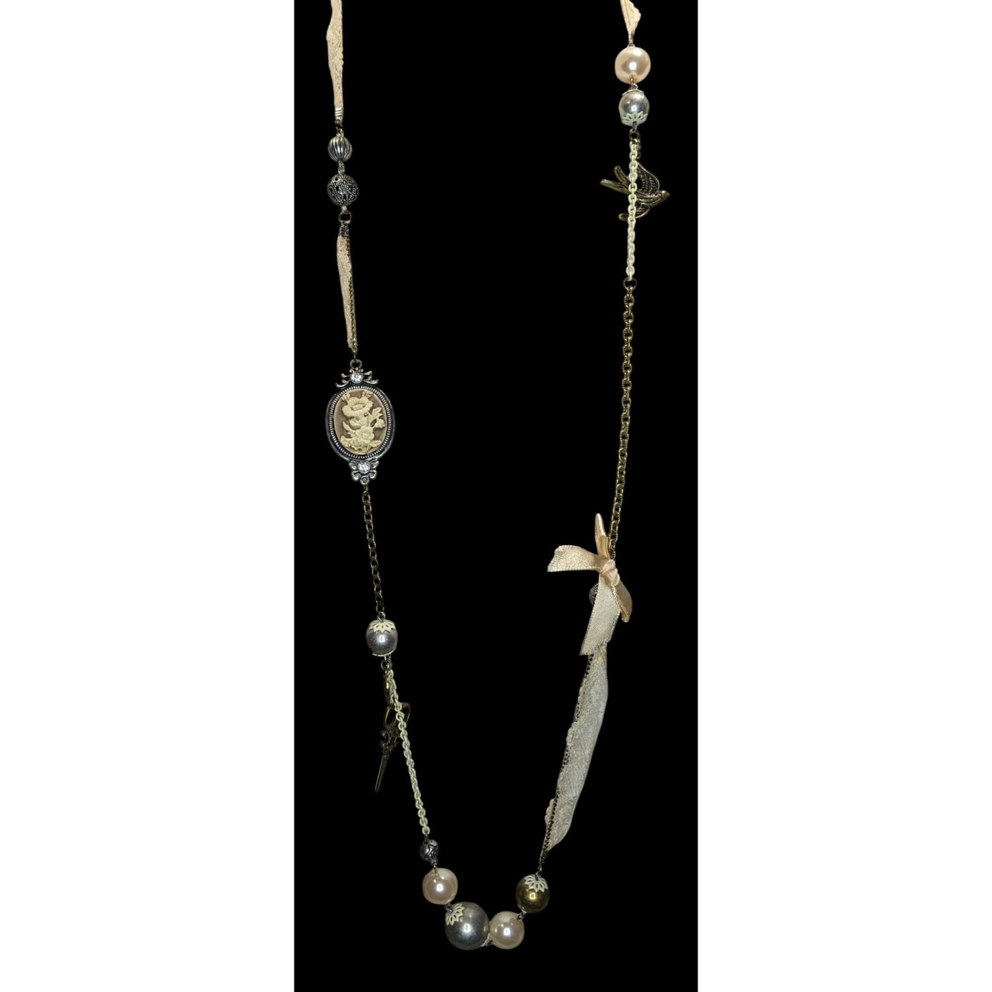 Victorian Charm Necklace Coquette Pearl Lace Mixed Media Statement Piece