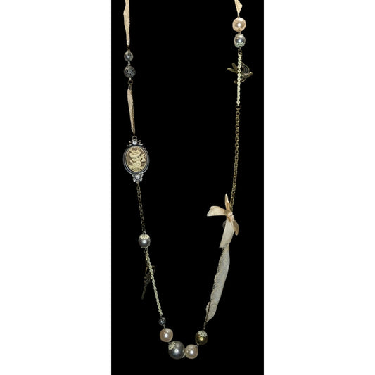 Victorian Charm Necklace Coquette Pearl Lace Mixed Media Statement Piece