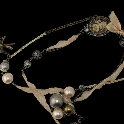 Victorian Charm Necklace Coquette Pearl Lace Mixed Media Statement Piece