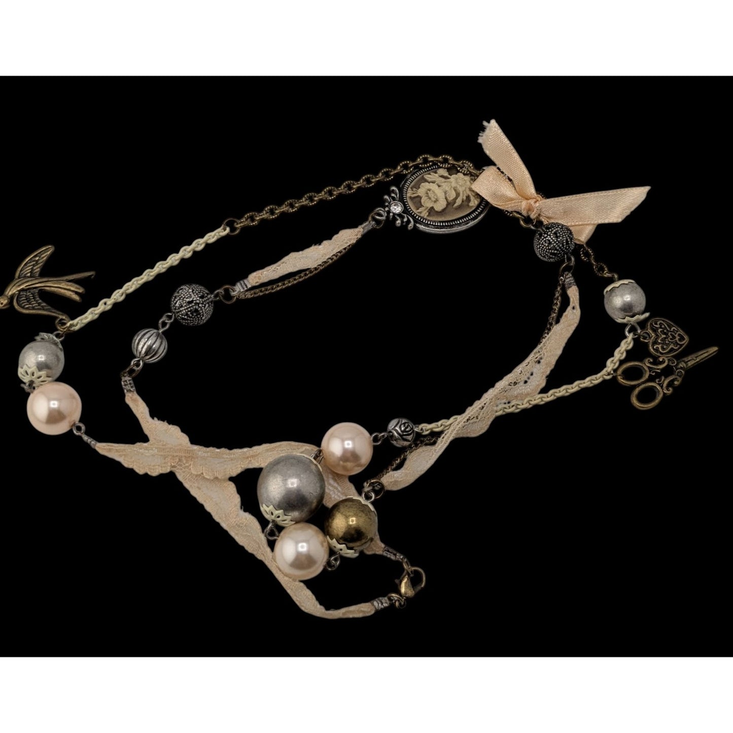 Victorian Charm Necklace Coquette Pearl Lace Mixed Media Statement Piece