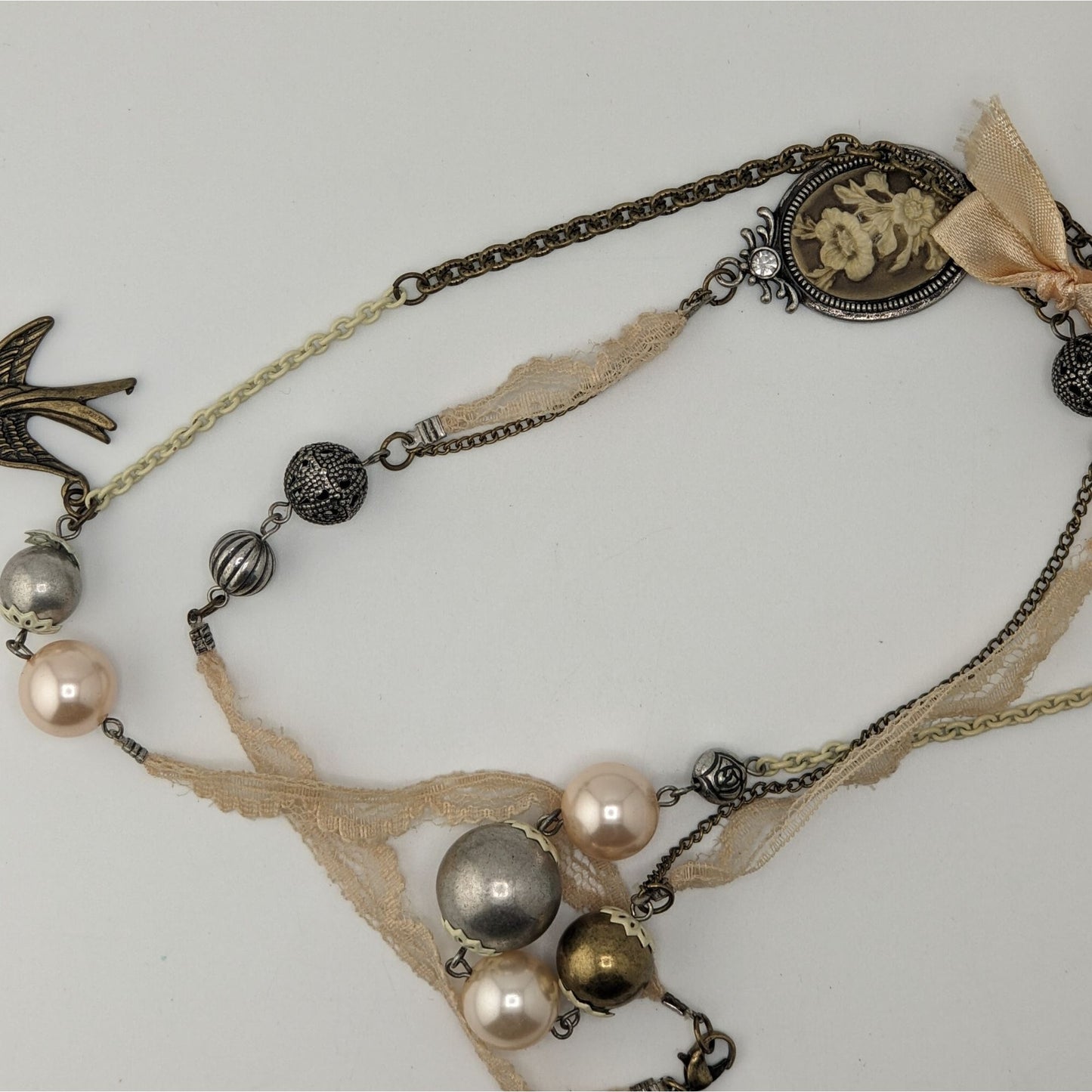 Victorian Charm Necklace Coquette Pearl Lace Mixed Media Statement Piece