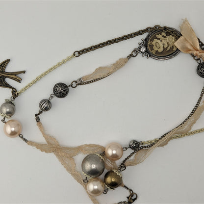 Victorian Charm Necklace Coquette Pearl Lace Mixed Media Statement Piece
