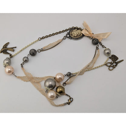 Victorian Charm Necklace Coquette Pearl Lace Mixed Media Statement Piece