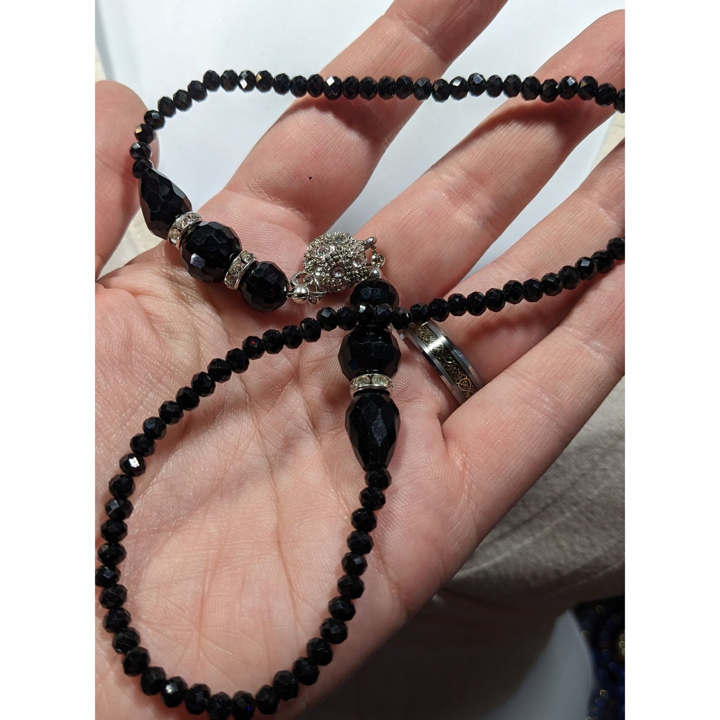 Handmade Glam Goth Glass Beaded Necklace With Rhinestone Accents