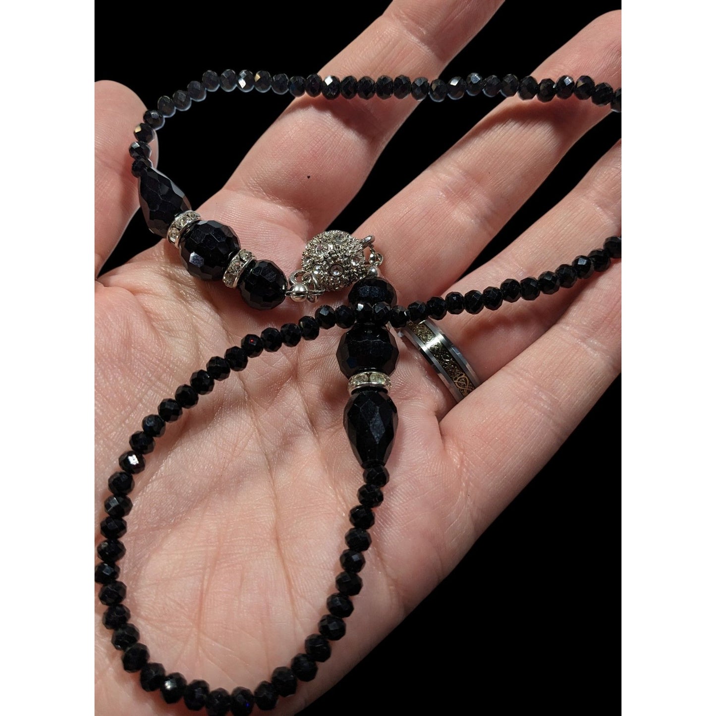Handmade Glam Goth Glass Beaded Necklace With Rhinestone Accents