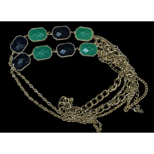 Y2k Chunky Glam Gold Tone Blue And Green Gemmed Multilayer Statement Necklace