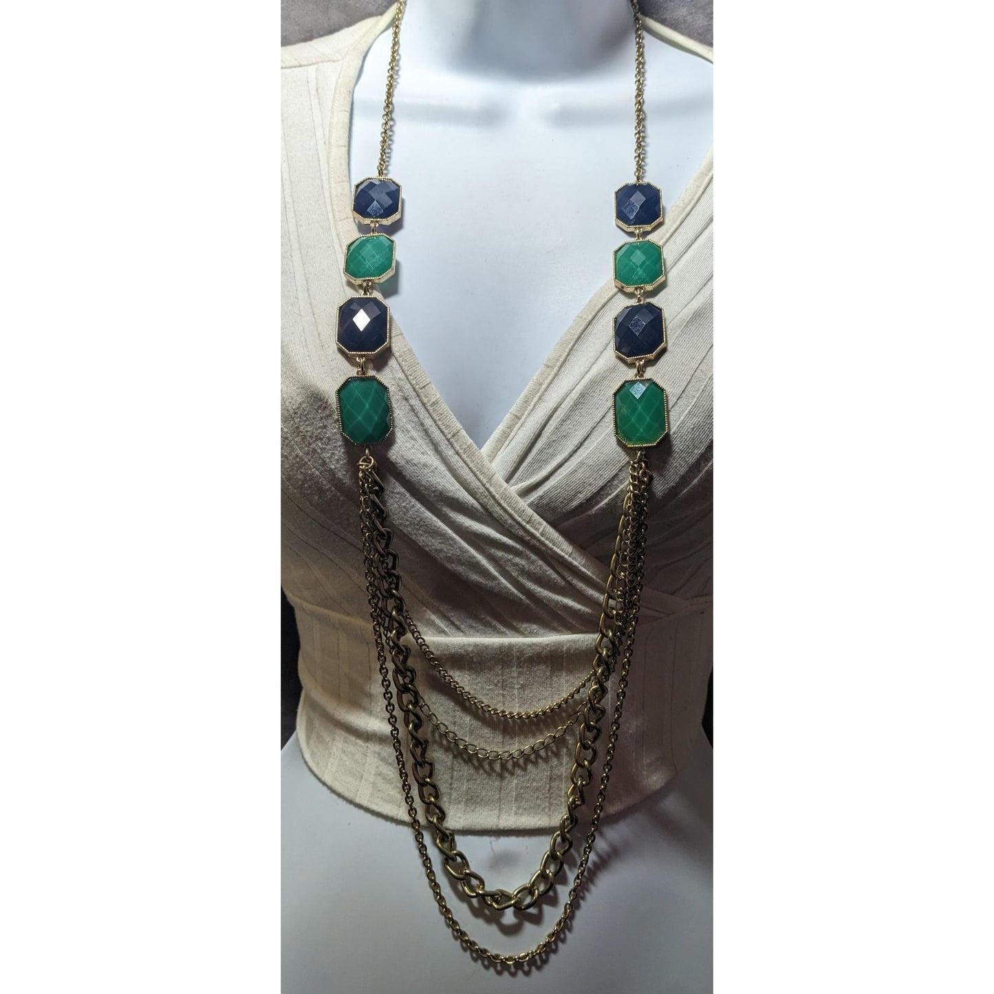 Y2k Chunky Glam Gold Tone Blue And Green Gemmed Multilayer Statement Necklace