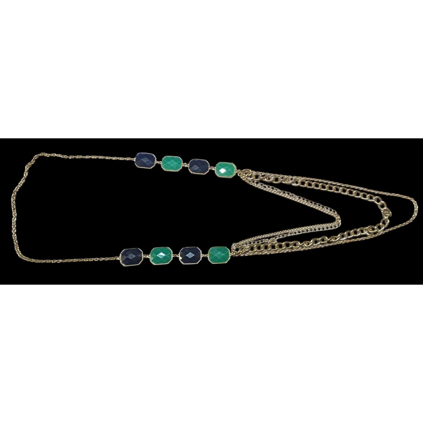 Y2k Chunky Glam Gold Tone Blue And Green Gemmed Multilayer Statement Necklace