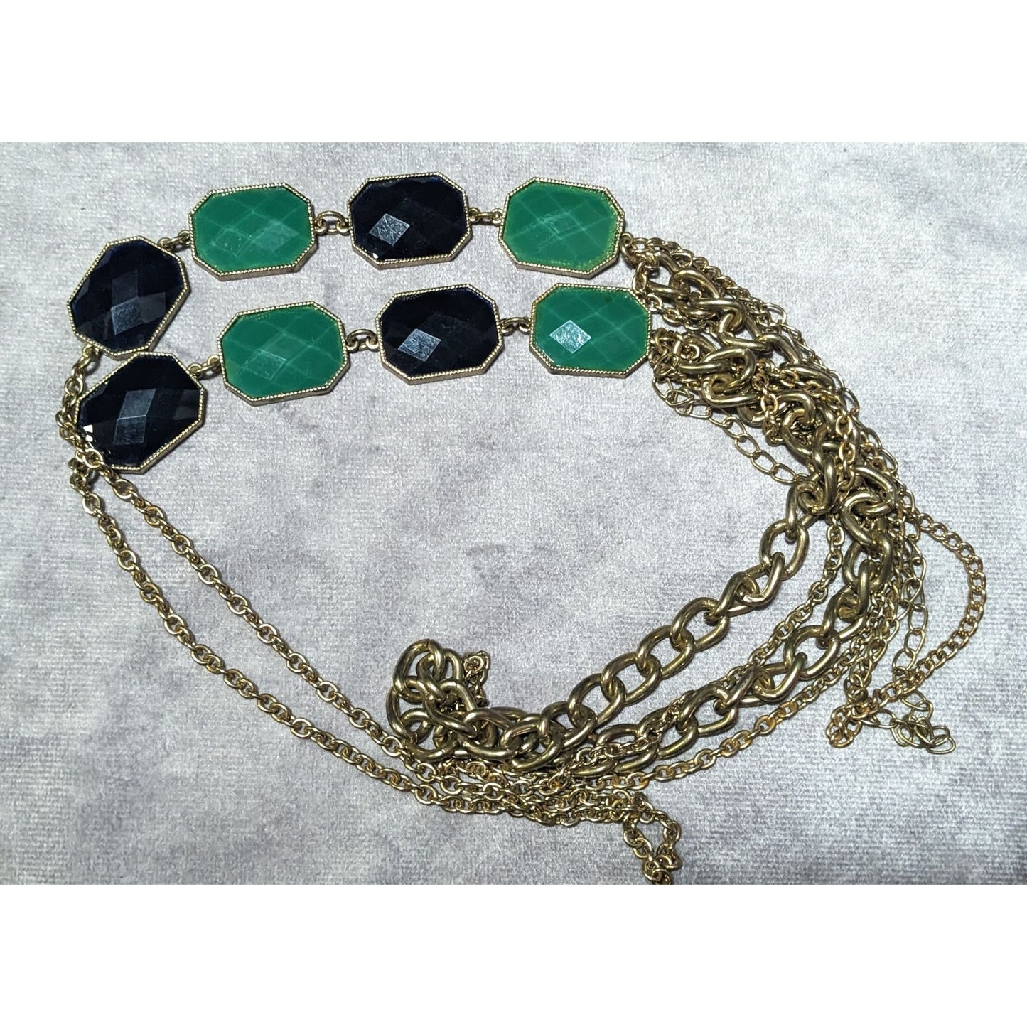 Y2k Chunky Glam Gold Tone Blue And Green Gemmed Multilayer Statement Necklace