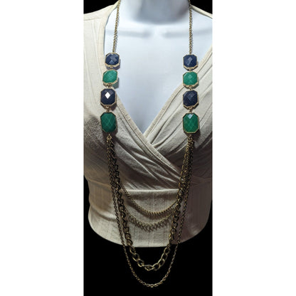 Y2k Chunky Glam Gold Tone Blue And Green Gemmed Multilayer Statement Necklace