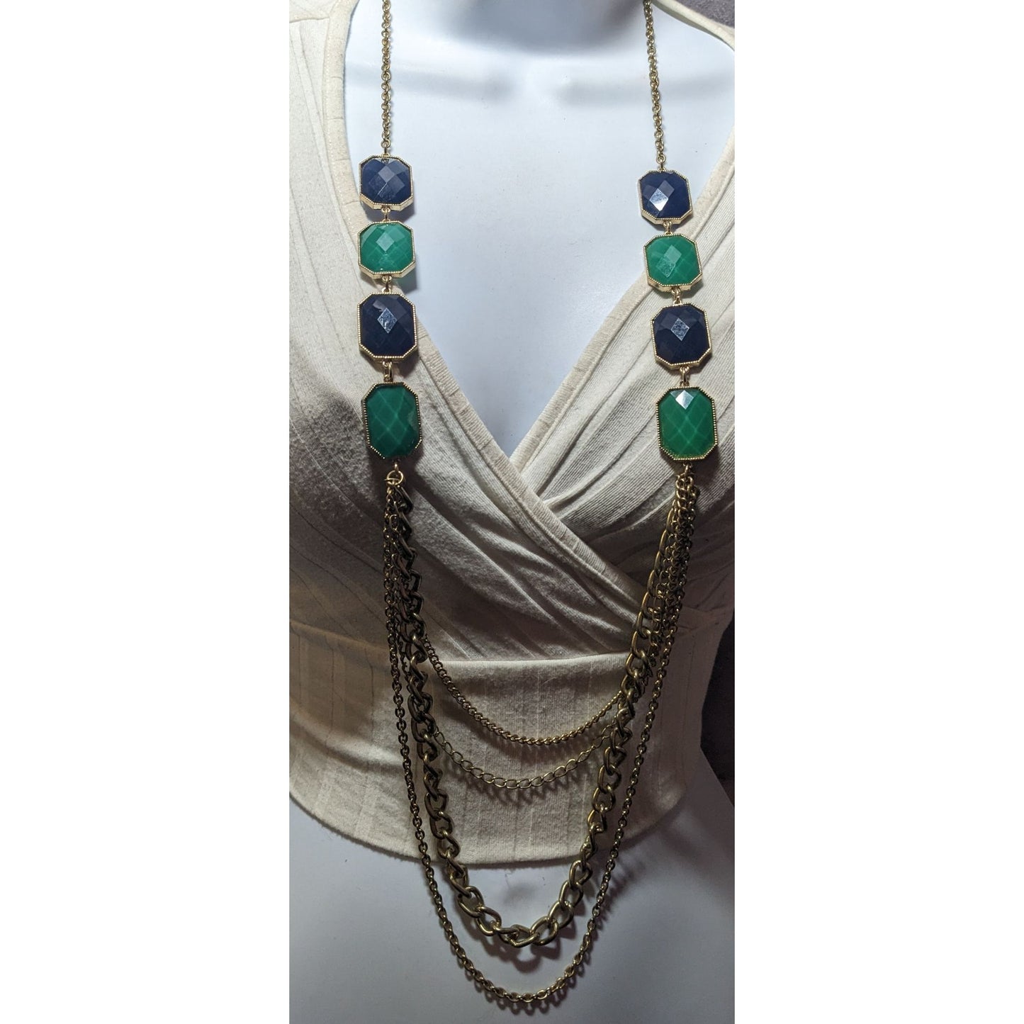 Y2k Chunky Glam Gold Tone Blue And Green Gemmed Multilayer Statement Necklace