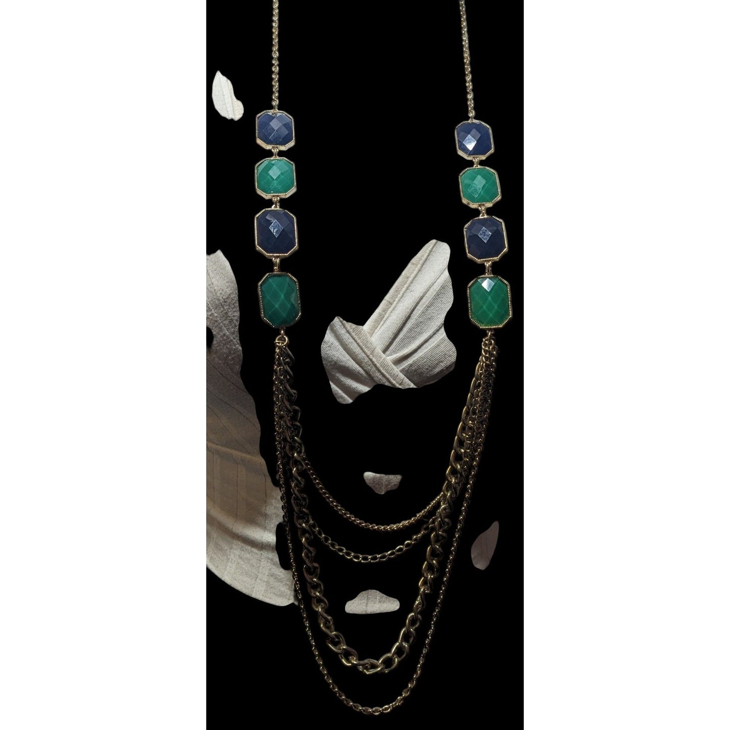 Y2k Chunky Glam Gold Tone Blue And Green Gemmed Multilayer Statement Necklace