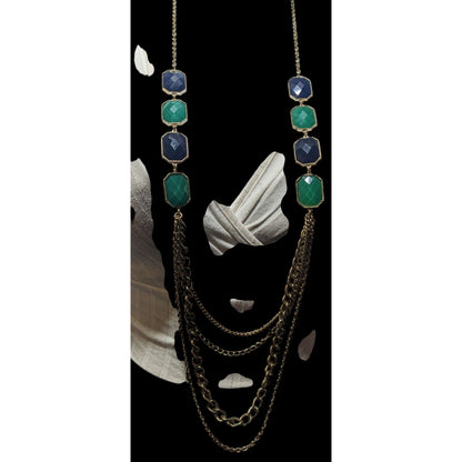 Y2k Chunky Glam Gold Tone Blue And Green Gemmed Multilayer Statement Necklace