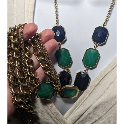 Y2k Chunky Glam Gold Tone Blue And Green Gemmed Multilayer Statement Necklace