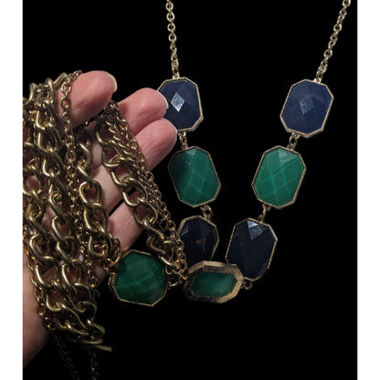 Y2k Chunky Glam Gold Tone Blue And Green Gemmed Multilayer Statement Necklace