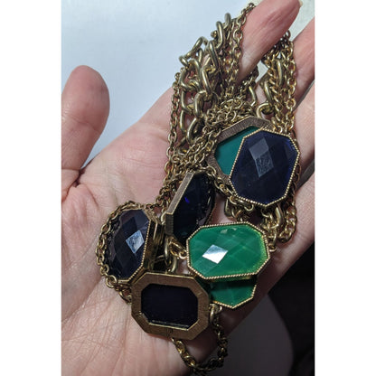 Y2k Chunky Glam Gold Tone Blue And Green Gemmed Multilayer Statement Necklace