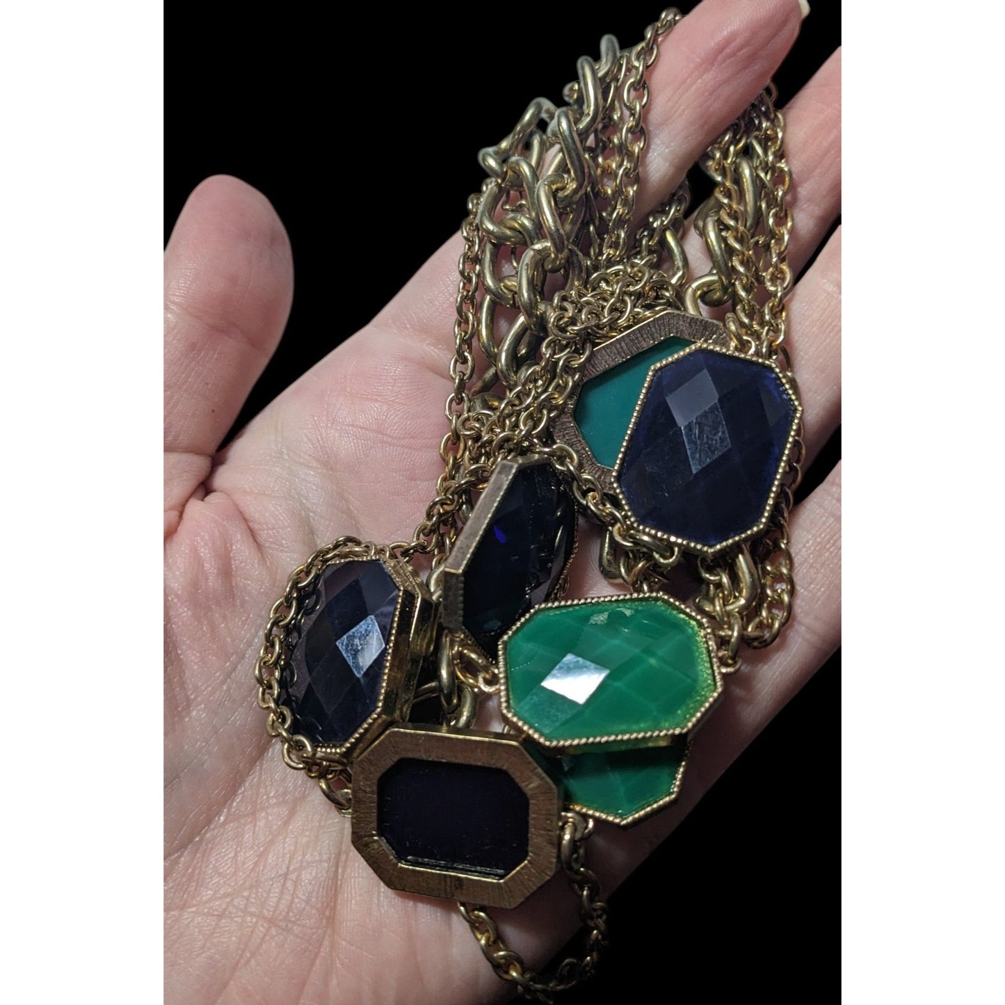 Y2k Chunky Glam Gold Tone Blue And Green Gemmed Multilayer Statement Necklace