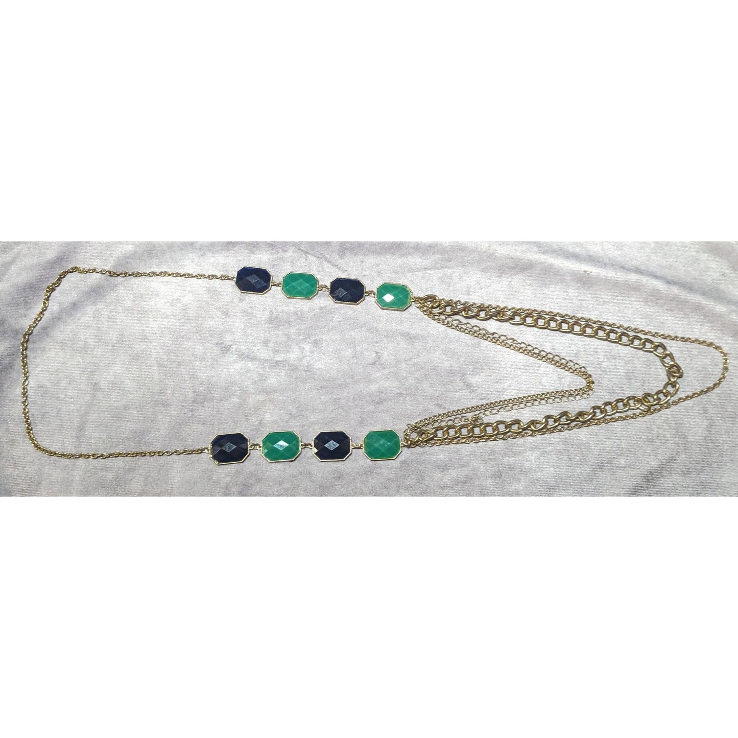 Y2k Chunky Glam Gold Tone Blue And Green Gemmed Multilayer Statement Necklace