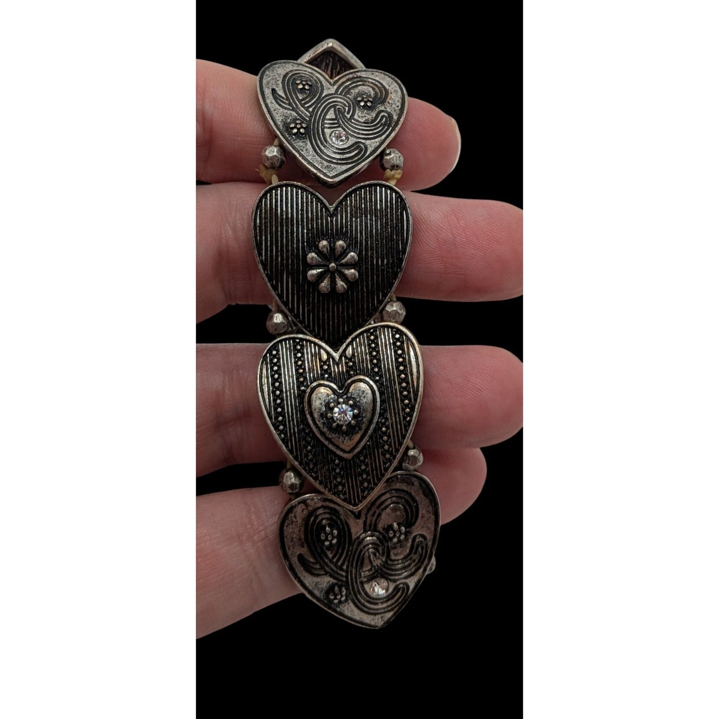 Silver Tone Heart Link Stretch Bracelet Rhinestone Victorian Coquette Romantic Jewelry