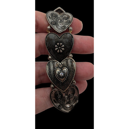 Silver Tone Heart Link Stretch Bracelet Rhinestone Victorian Coquette Romantic Jewelry