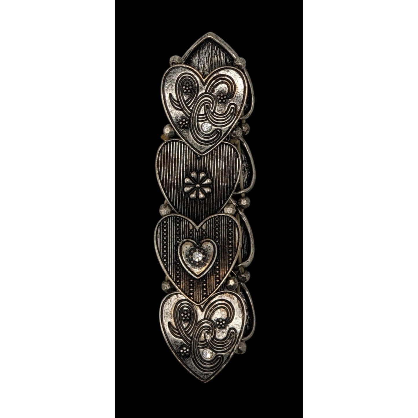 Silver Tone Heart Link Stretch Bracelet Rhinestone Victorian Coquette Romantic Jewelry