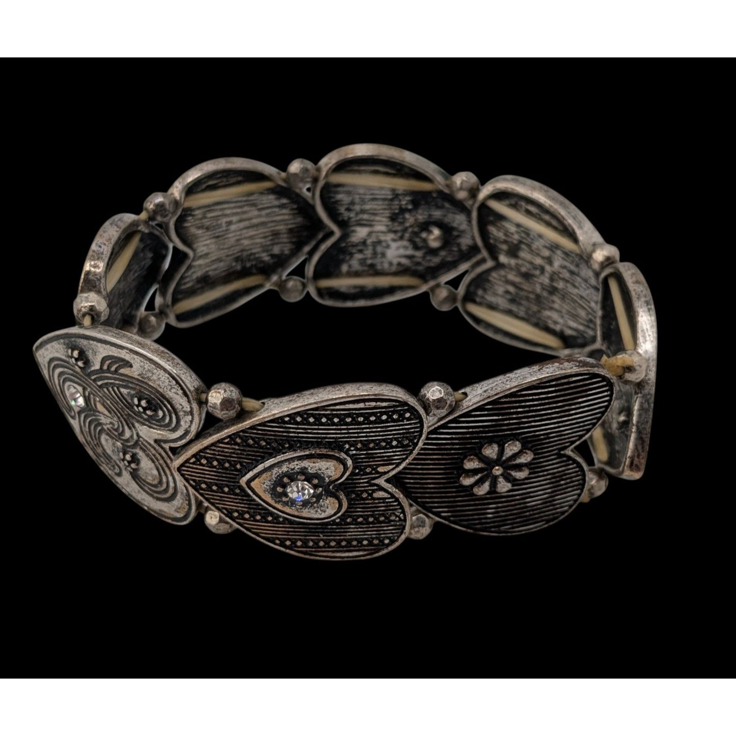 Silver Tone Heart Link Stretch Bracelet Rhinestone Victorian Coquette Romantic Jewelry