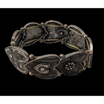 Silver Tone Heart Link Stretch Bracelet Rhinestone Victorian Coquette Romantic Jewelry