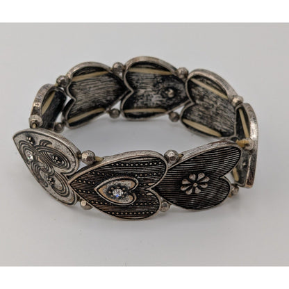 Silver Tone Heart Link Stretch Bracelet Rhinestone Victorian Coquette Romantic Jewelry
