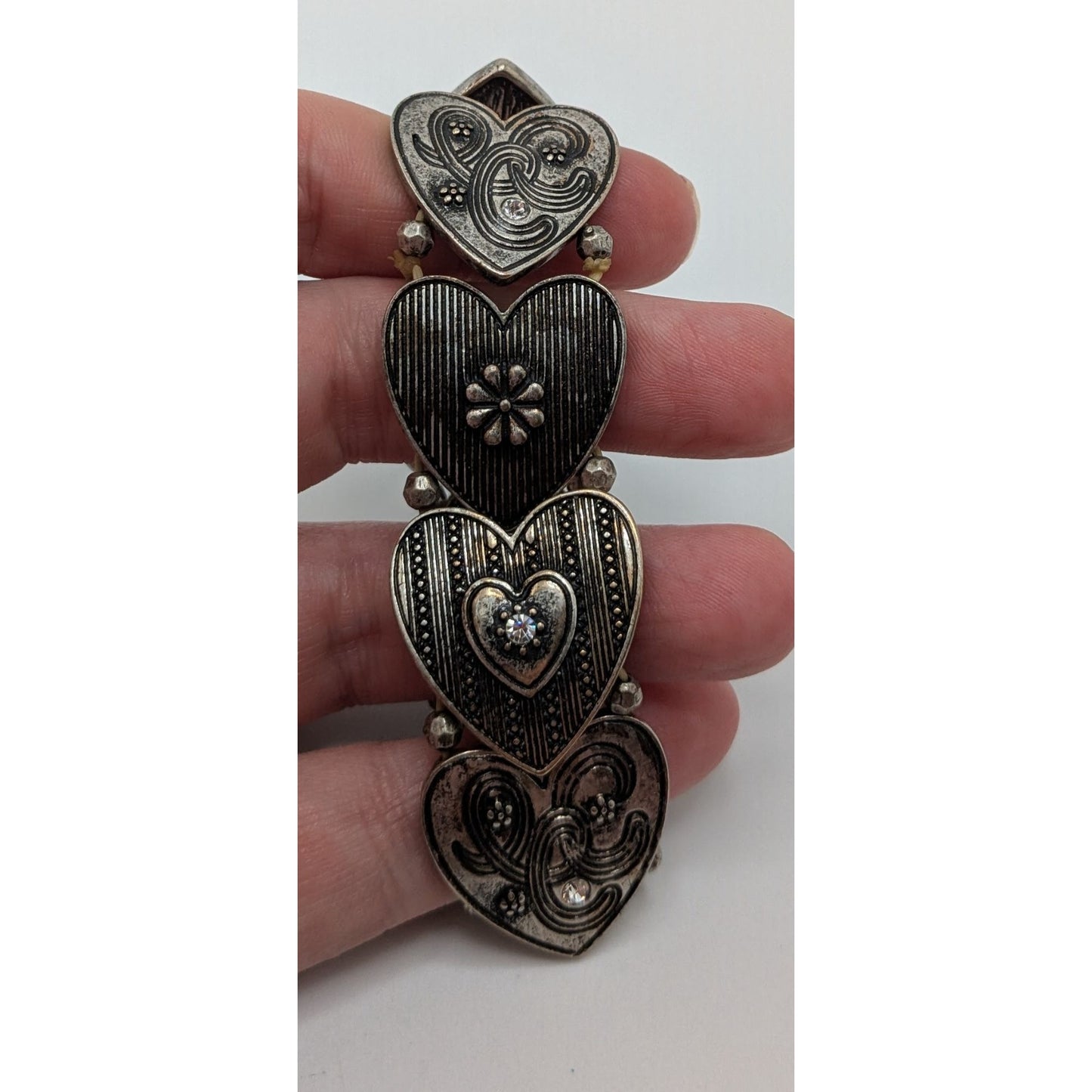 Silver Tone Heart Link Stretch Bracelet Rhinestone Victorian Coquette Romantic Jewelry