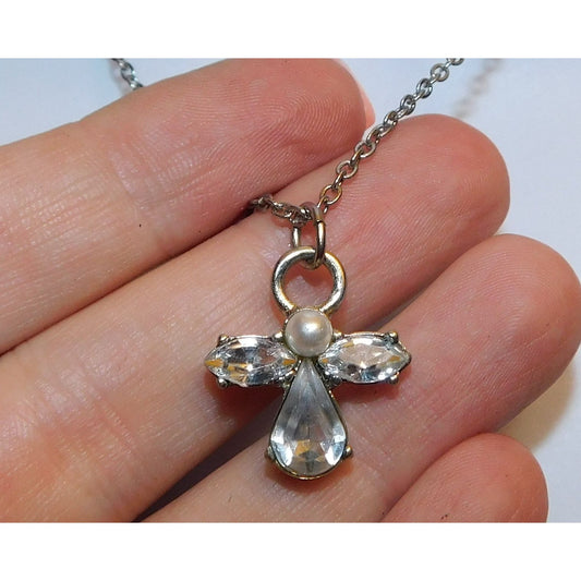 Religious Guardian Angel Necklace Clear Gemmed With Silver Tone Metal