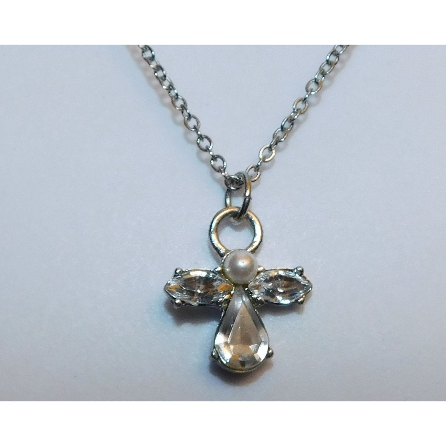 Religious Guardian Angel Necklace Clear Gemmed With Silver Tone Metal