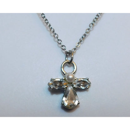Religious Guardian Angel Necklace Clear Gemmed With Silver Tone Metal