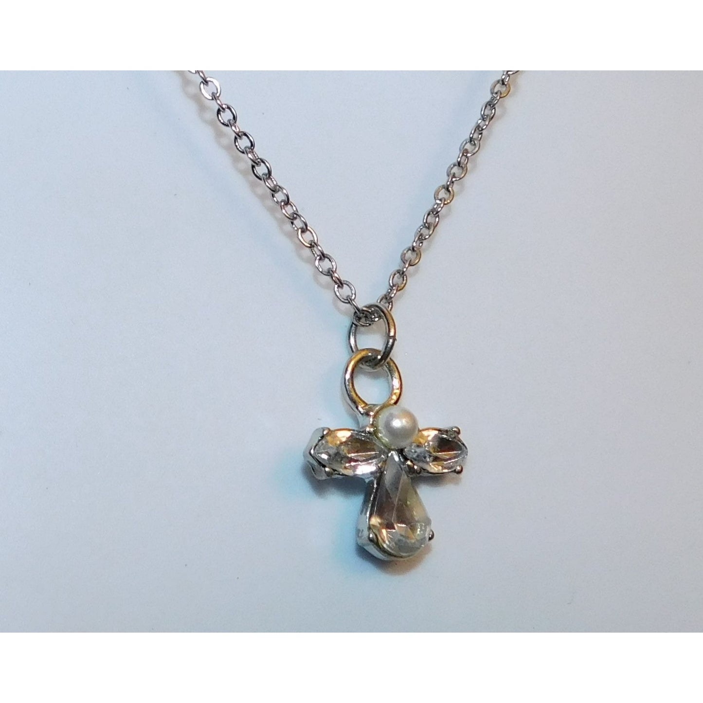 Religious Guardian Angel Necklace Clear Gemmed With Silver Tone Metal