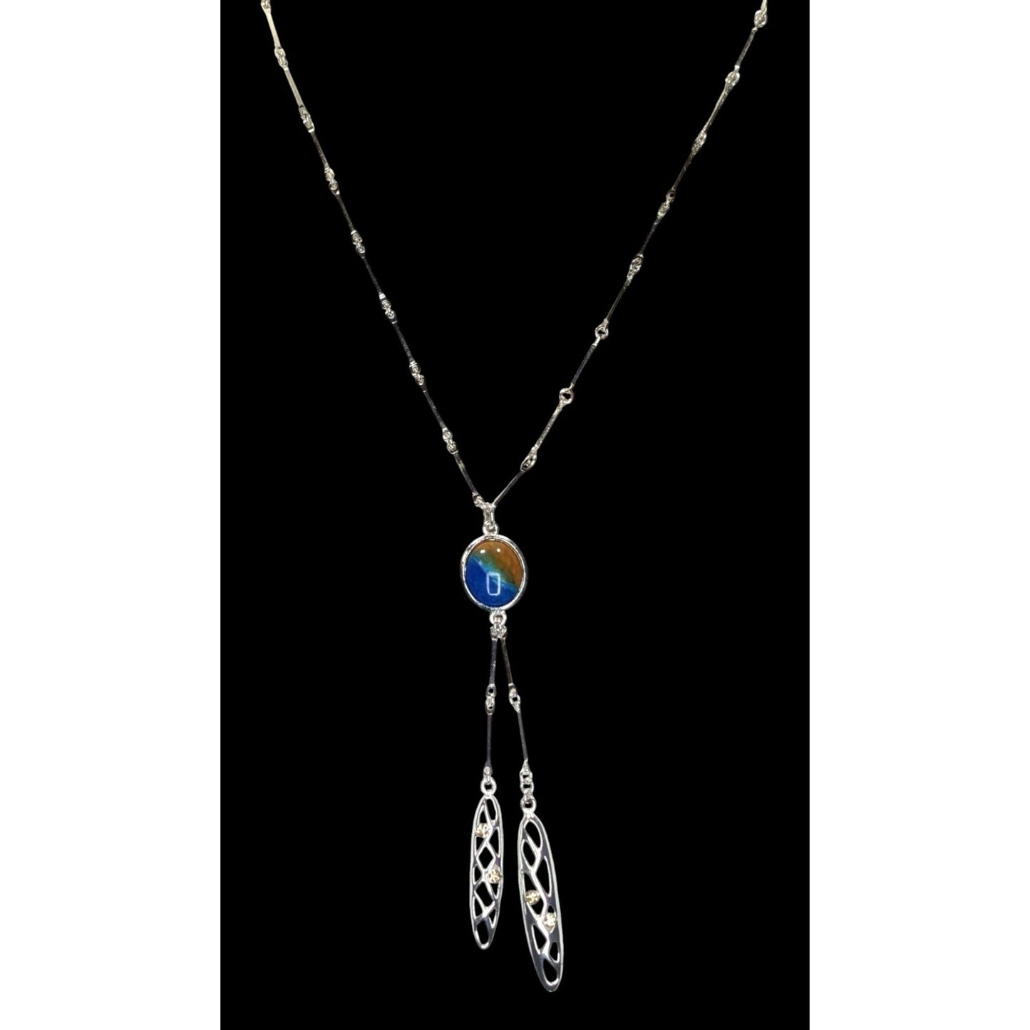 A/Line Bohemian Silver tone Necklace With Blue & Honey Pendant Openwork Dangle Charms