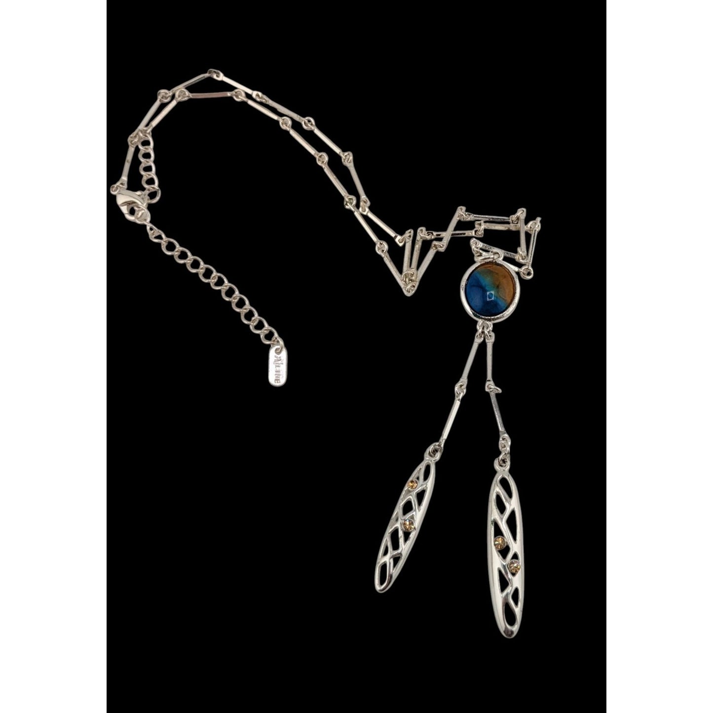 A/Line Bohemian Silver tone Necklace With Blue & Honey Pendant Openwork Dangle Charms