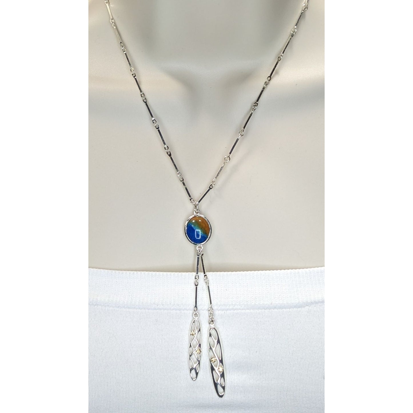 A/Line Bohemian Silver tone Necklace With Blue & Honey Pendant Openwork Dangle Charms