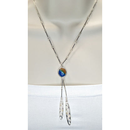 A/Line Bohemian Silver tone Necklace With Blue & Honey Pendant Openwork Dangle Charms