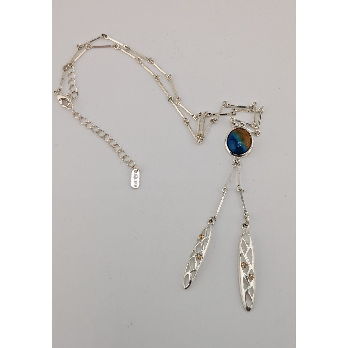 A/Line Bohemian Silver tone Necklace With Blue & Honey Pendant Openwork Dangle Charms