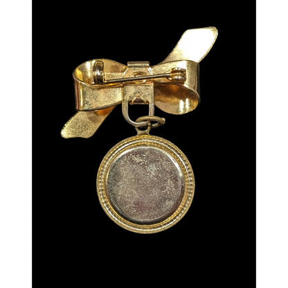 Vintage Bow With Dangling Disc Gold Tone Brooch