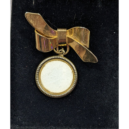 Vintage Bow With Dangling Disc Gold Tone Brooch
