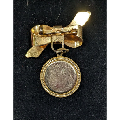 Vintage Bow With Dangling Disc Gold Tone Brooch