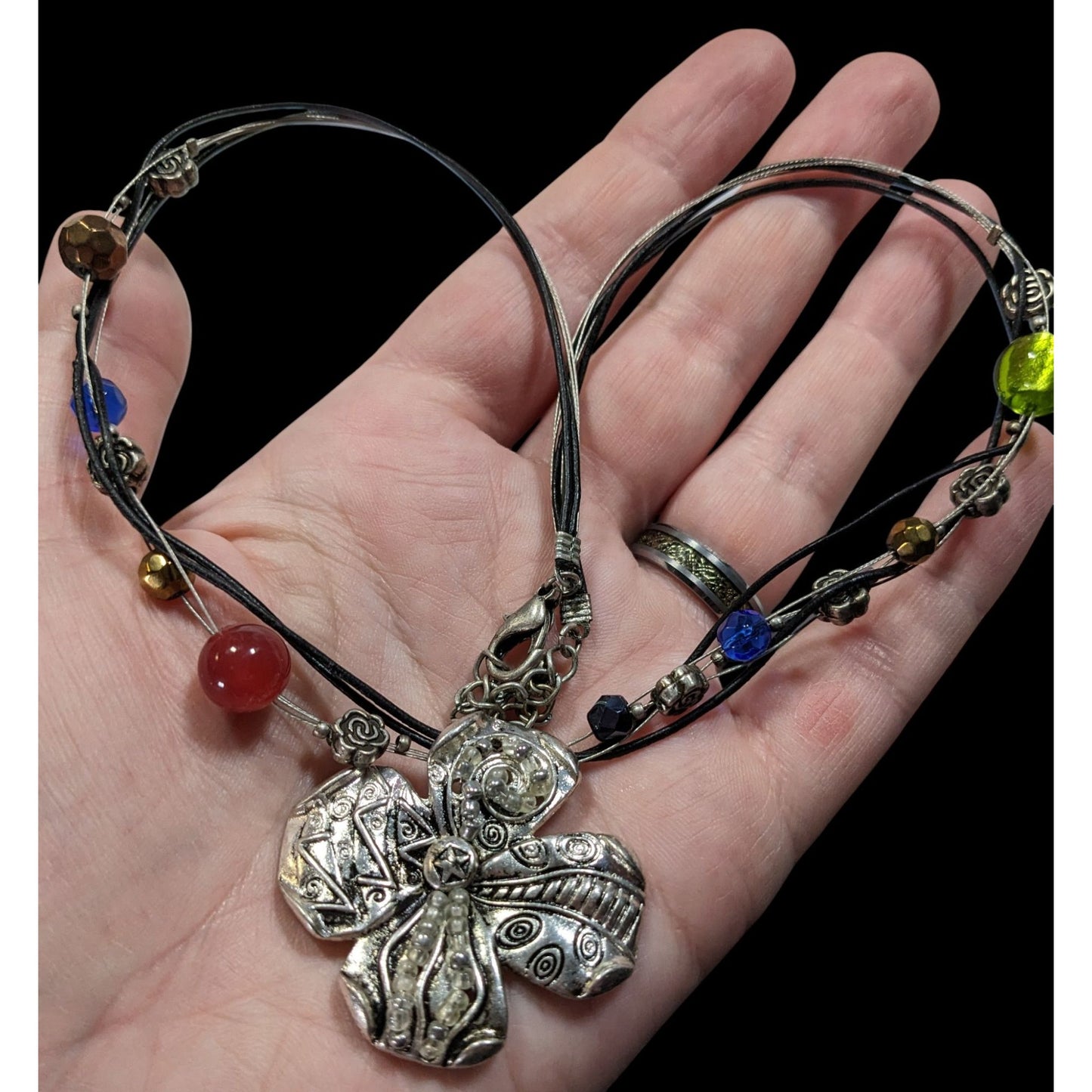 Retro Fairycore Rainbow Beaded Floral Pendant Necklace