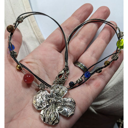 Retro Fairycore Rainbow Beaded Floral Pendant Necklace