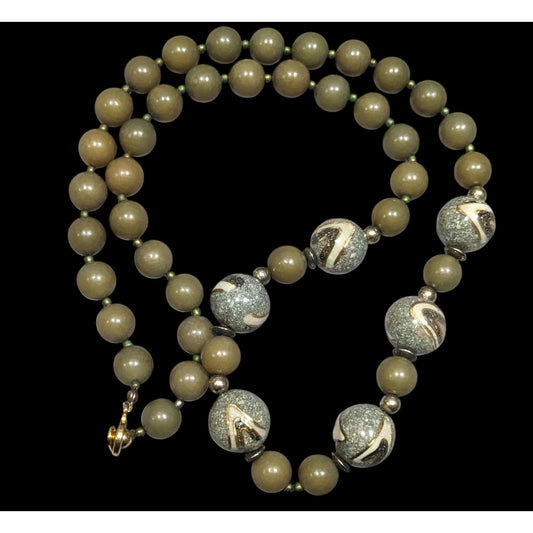Retro Green And Grey Beaded Necklace With Crushed Stone Accent Beads