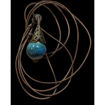 Bohemian Fantasy Blue Ceramic Pendant Necklace On Brown Cord