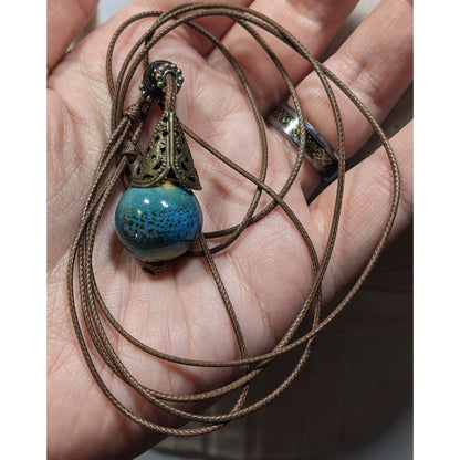 Bohemian Fantasy Blue Ceramic Pendant Necklace On Brown Cord